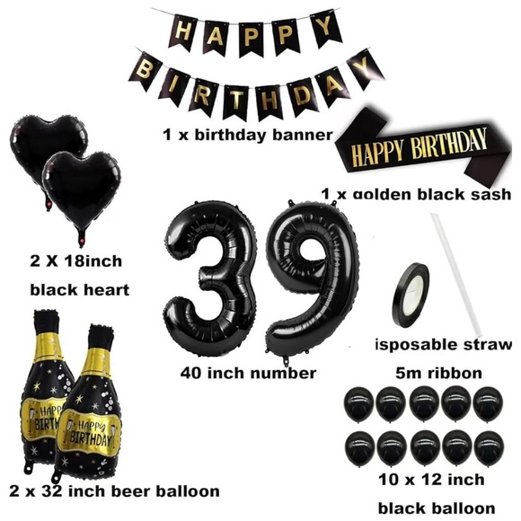 Black and Gold Birthday Party Decoration Set 39th - Picture 3 of 4